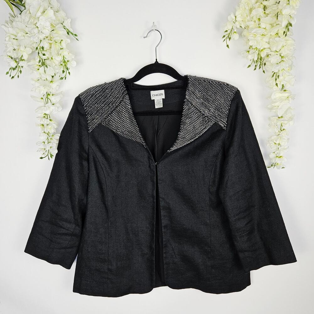 Chicos Black Linen Blend Blazer Sz 2 Large Silver Chain Collar Edgy Chic Office